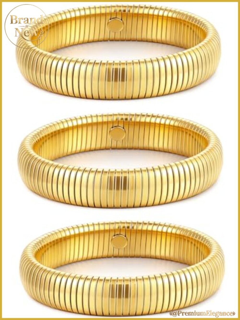 24K Gold Plated Stainless Steel Chunky Stretch Bangles Set of 3 Women's